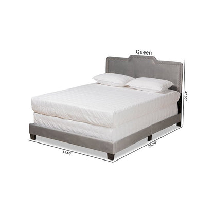 Glam Grey Velvet Fabric Upholstered Queen Size Panel Bed