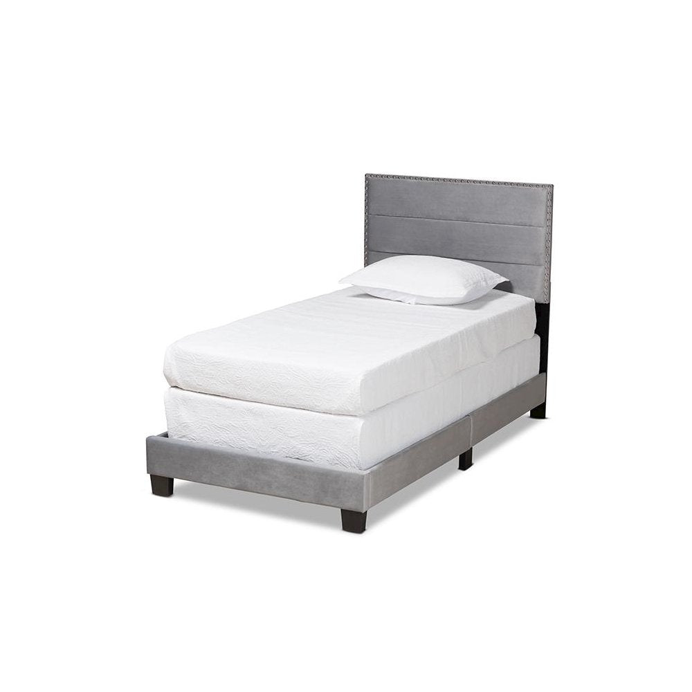 Glam Grey Velvet Fabric Upholstered Twin Size Panel Bed