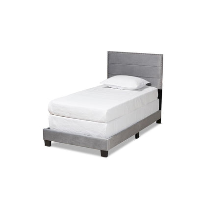 Glam Grey Velvet Fabric Upholstered Twin Size Panel Bed