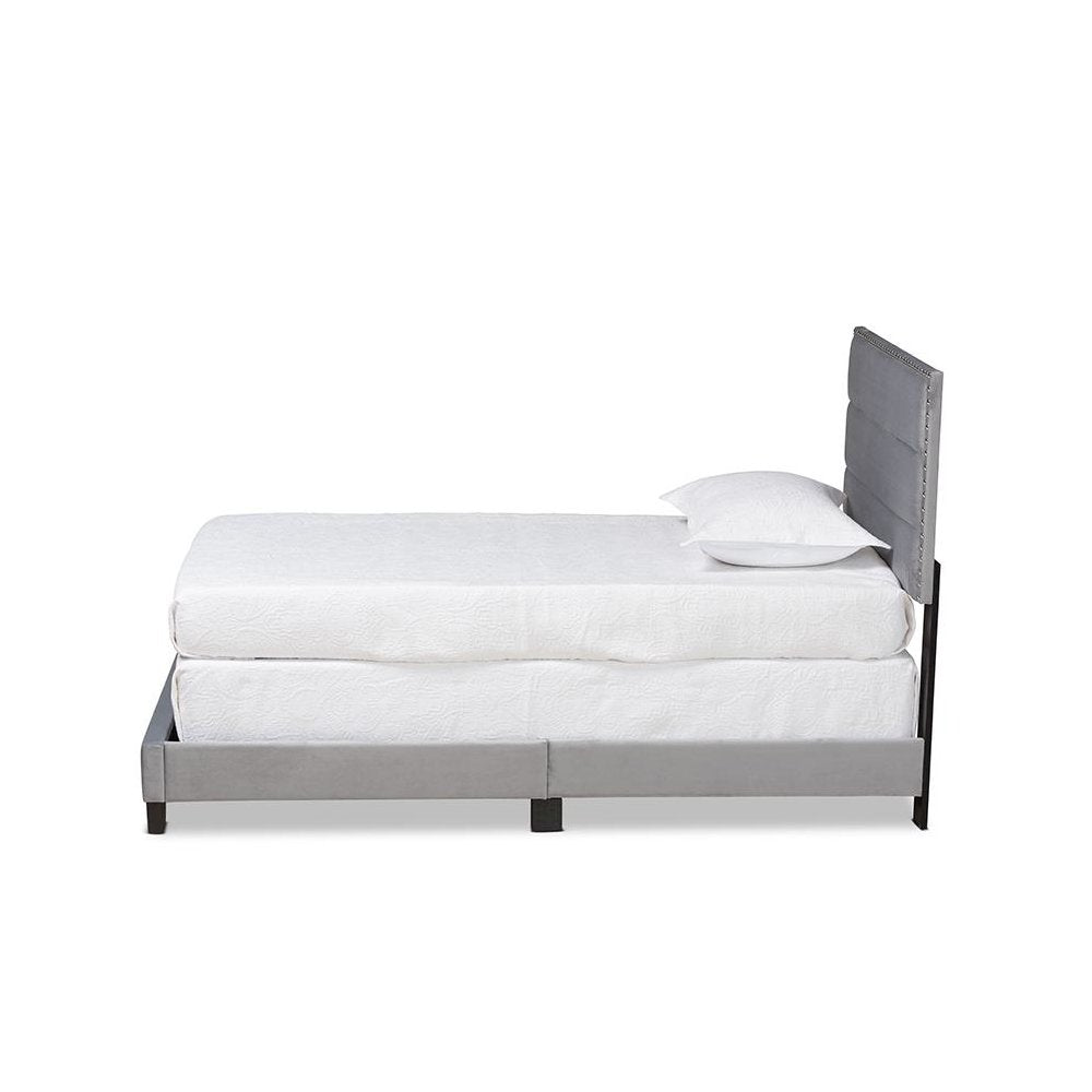 Glam Grey Velvet Fabric Upholstered Twin Size Panel Bed