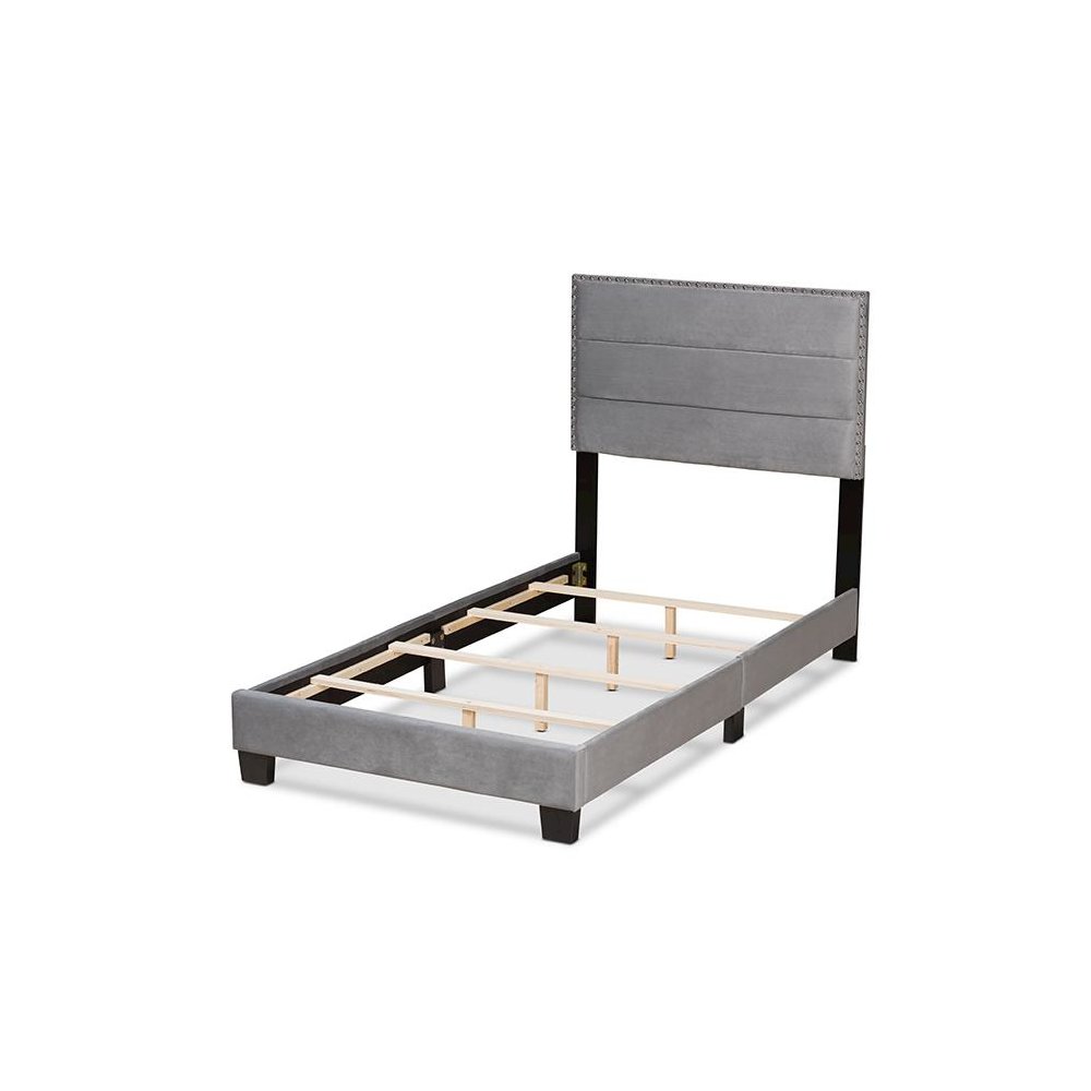 Glam Grey Velvet Fabric Upholstered Twin Size Panel Bed