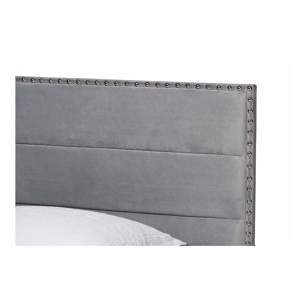 Glam Grey Velvet Fabric Upholstered Twin Size Panel Bed
