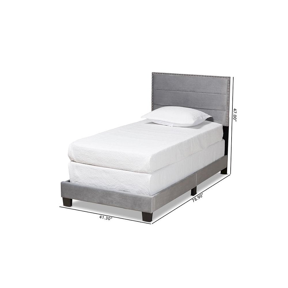 Glam Grey Velvet Fabric Upholstered Twin Size Panel Bed