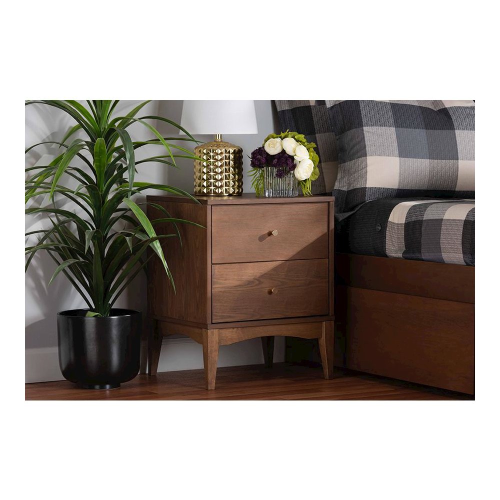 Landis Mid-Century Modern Ash Walnut Finished Wood 2-Drawer Nightstand