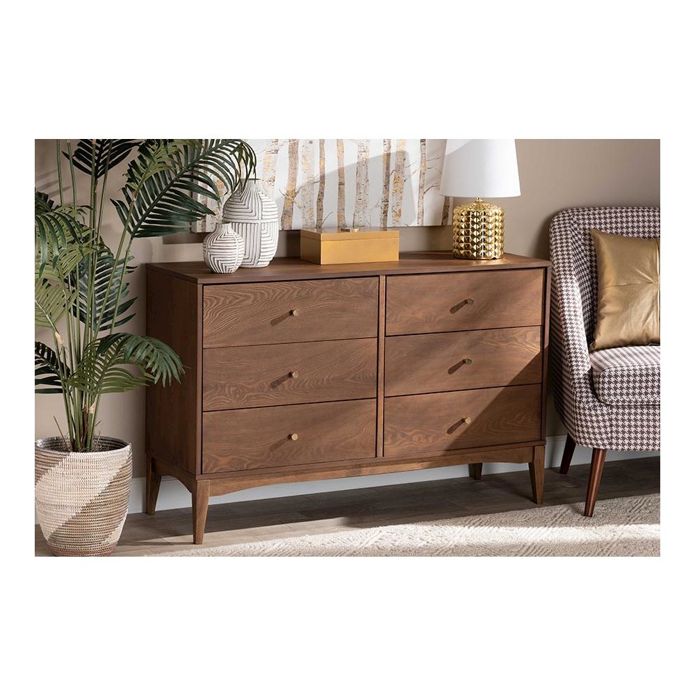 Landis Mid-Century Modern Ash Walnut Finished Wood 6-Drawer Dresser