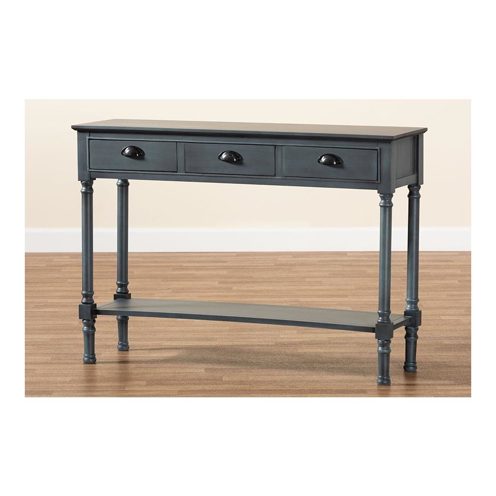 Garvey French Provincial Dark Blue Gray Wood 3-Drawer Entryway Console Table