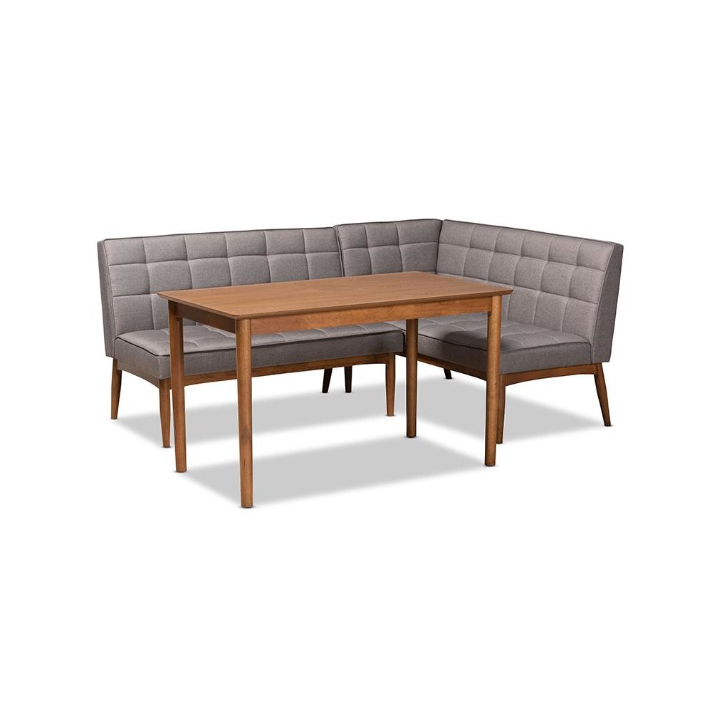 Grey Fabric Upholstered and Walnut Brown Finished Wood 3-Piece Dining Nook Set