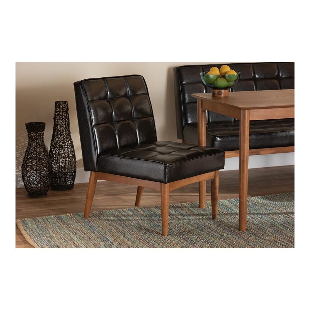 Leather Upholstered and Walnut Brown Finished Wood Dining Chair