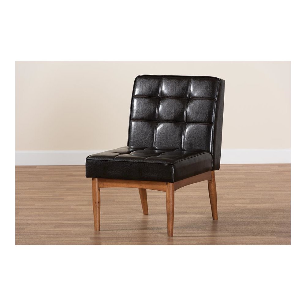 Leather Upholstered and Walnut Brown Finished Wood Dining Chair