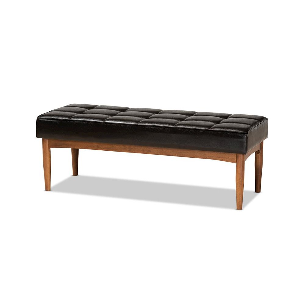Leather Upholstered and Walnut Brown Finished Wood Dining Bench