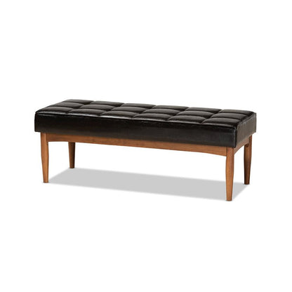 Leather Upholstered and Walnut Brown Finished Wood Dining Bench