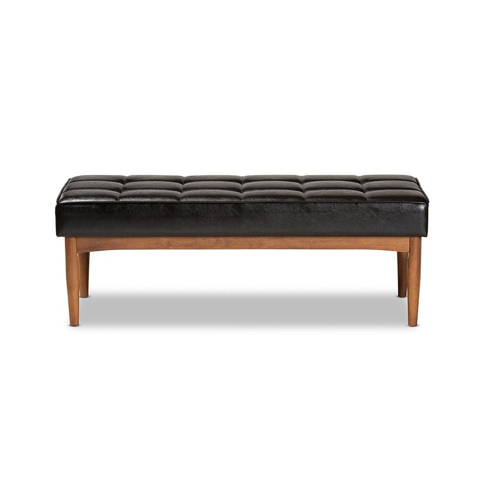 Leather Upholstered and Walnut Brown Finished Wood Dining Bench