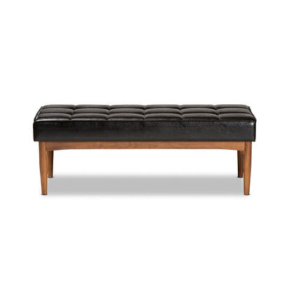 Leather Upholstered and Walnut Brown Finished Wood Dining Bench