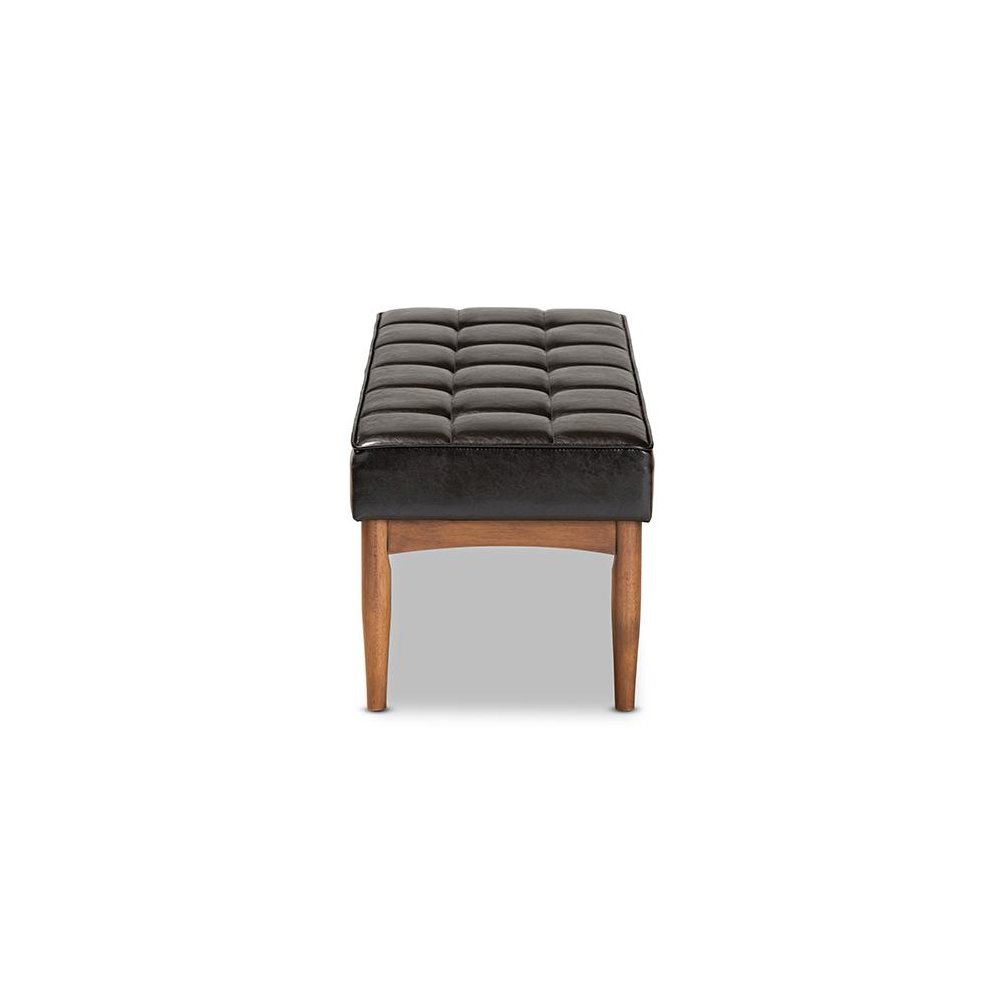 Leather Upholstered and Walnut Brown Finished Wood Dining Bench