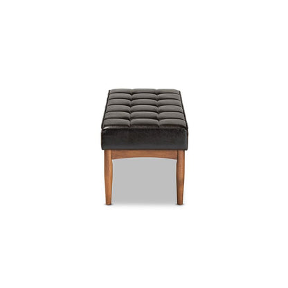 Leather Upholstered and Walnut Brown Finished Wood Dining Bench