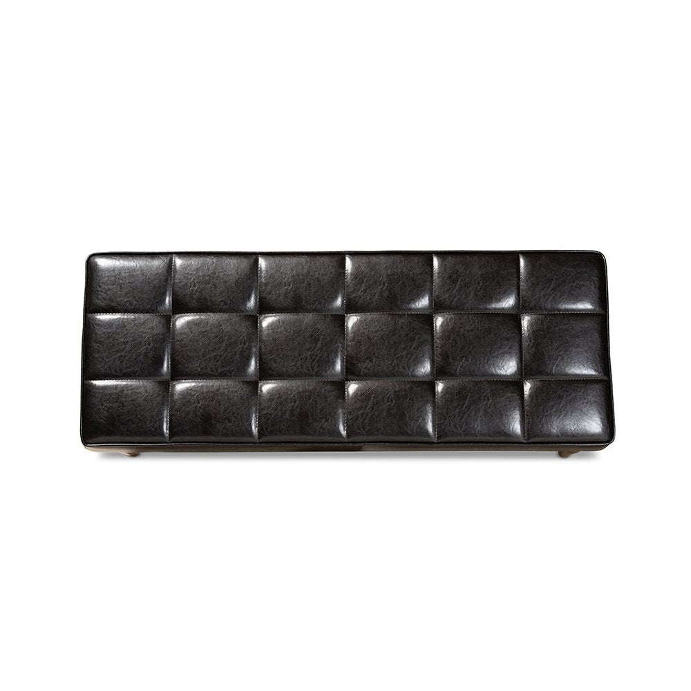 Leather Upholstered and Walnut Brown Finished Wood Dining Bench