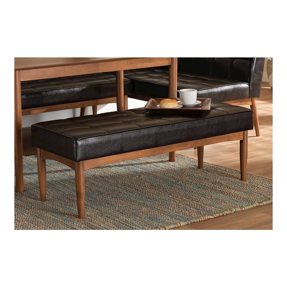 Leather Upholstered and Walnut Brown Finished Wood Dining Bench