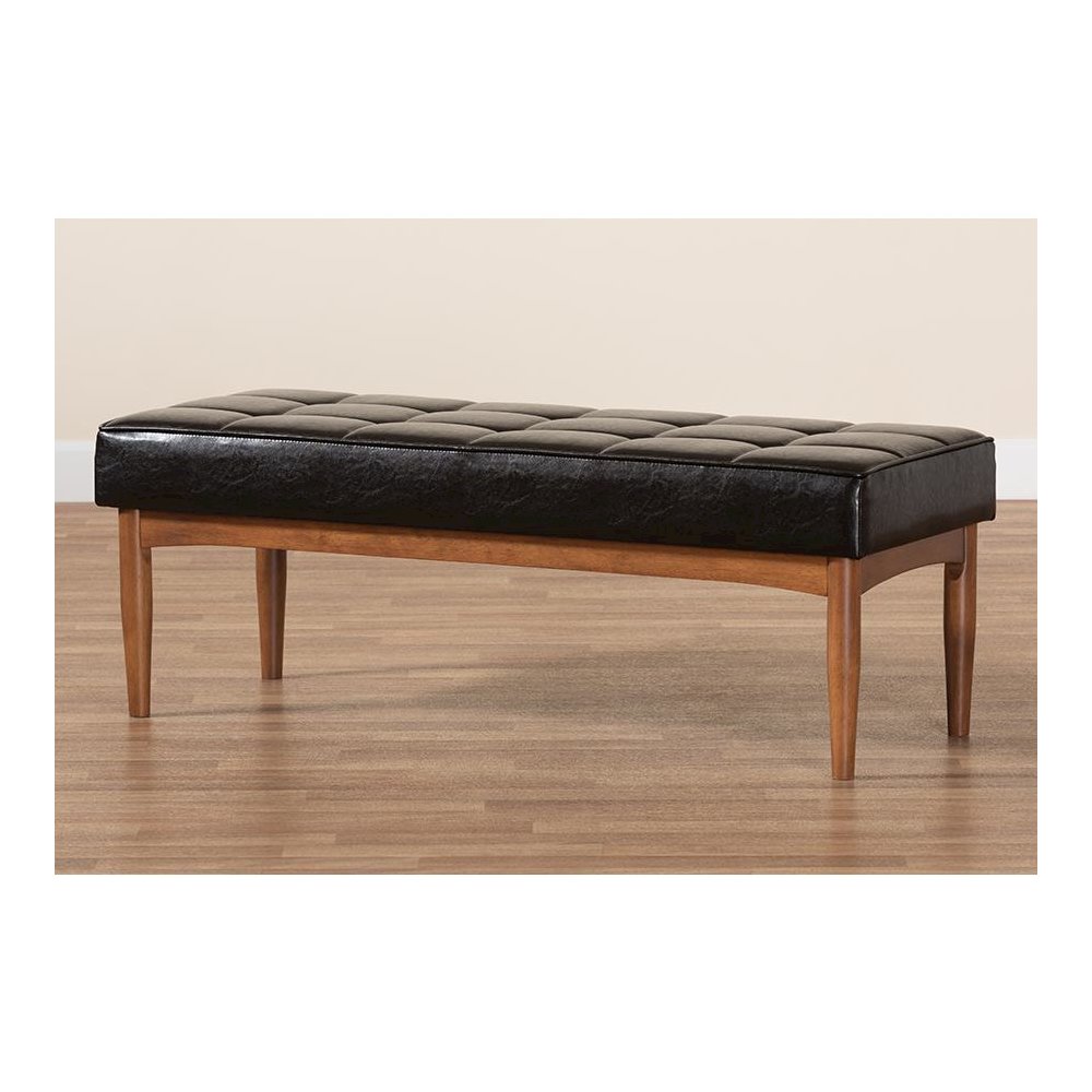 Leather Upholstered and Walnut Brown Finished Wood Dining Bench