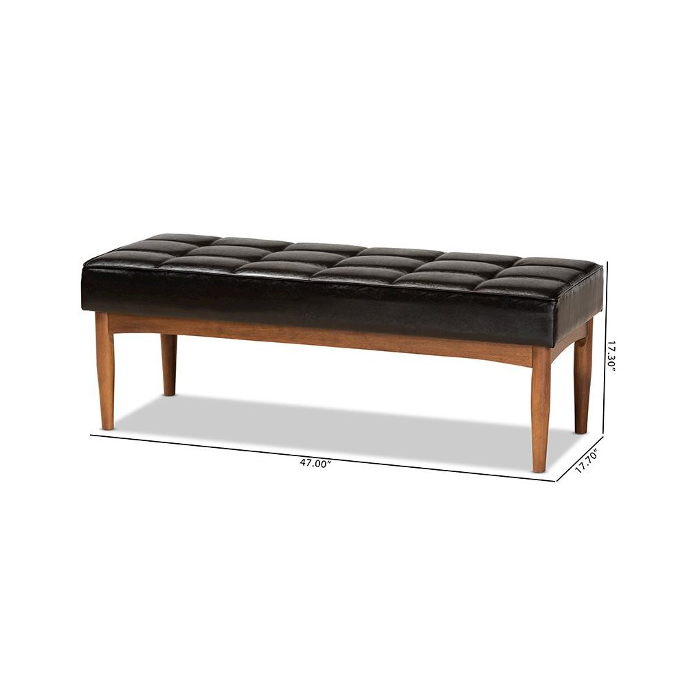 Leather Upholstered and Walnut Brown Finished Wood Dining Bench