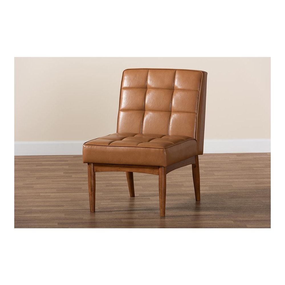 Leather Upholstered and Walnut Brown Finished Wood Dining Chair