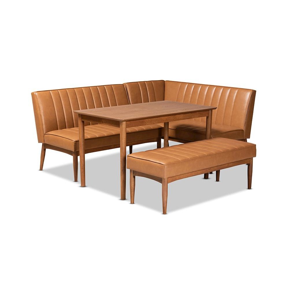 Leather Upholstered and Walnut Brown Finished Wood 4-Piece Dining Nook Set
