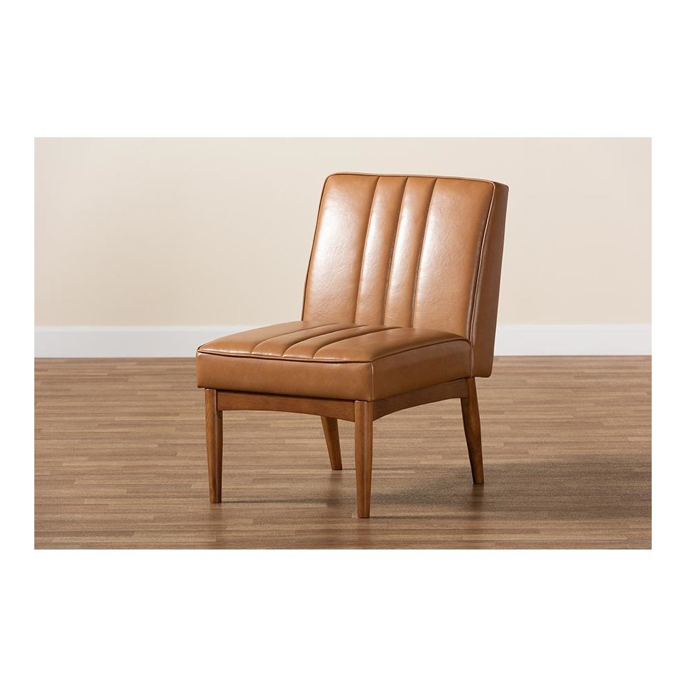 Leather Upholstered and Walnut Brown Finished Wood Dining Chair