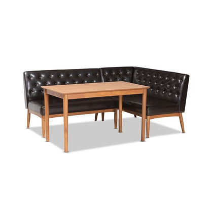 Leather Upholstered and Walnut Brown Finished Wood 3-Piece Dining Nook Set