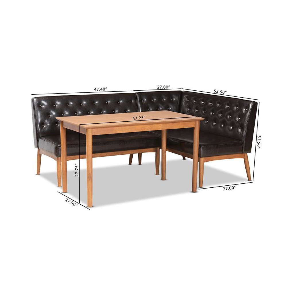 Leather Upholstered and Walnut Brown Finished Wood 3-Piece Dining Nook Set