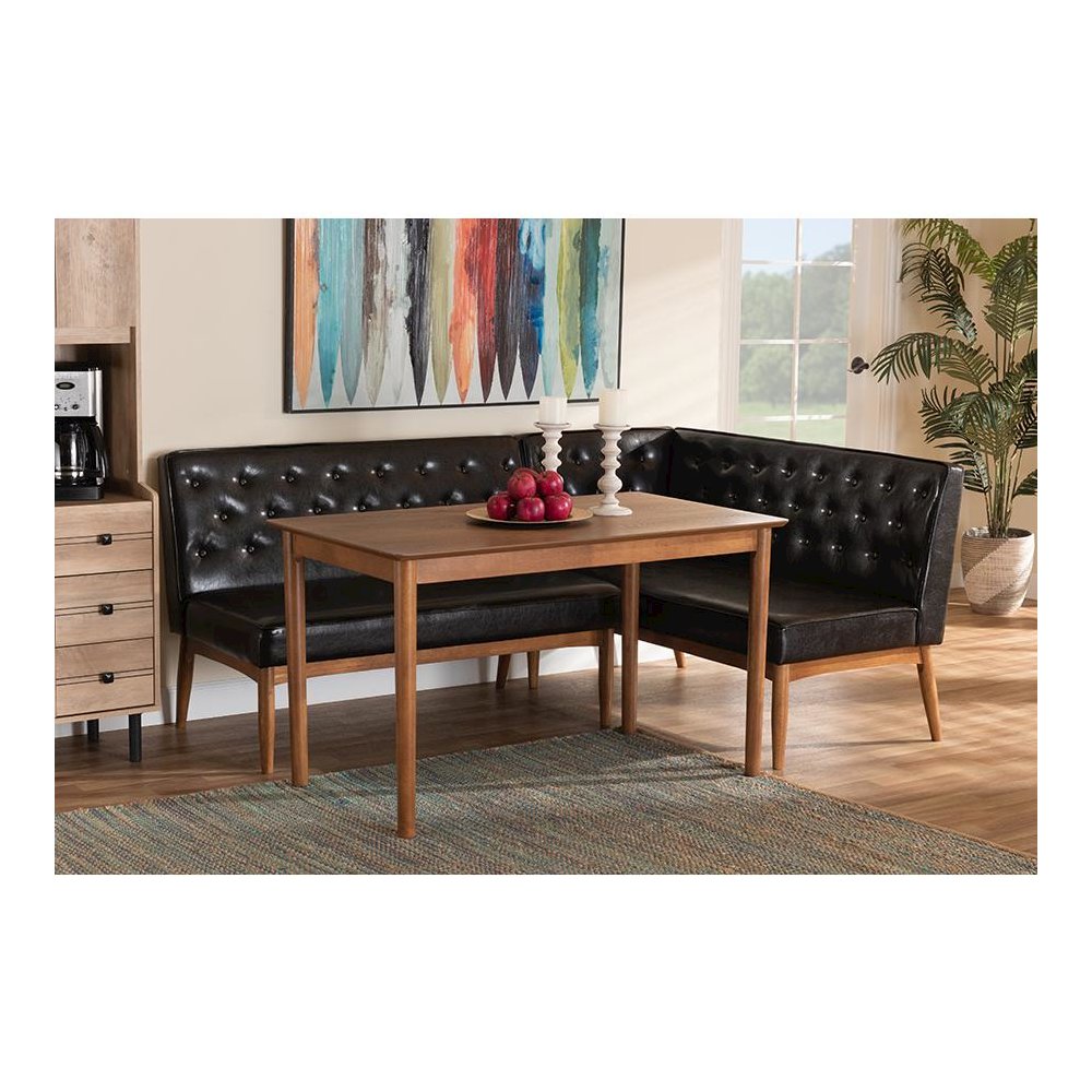 Leather Upholstered and Walnut Brown Finished Wood 3-Piece Dining Nook Set