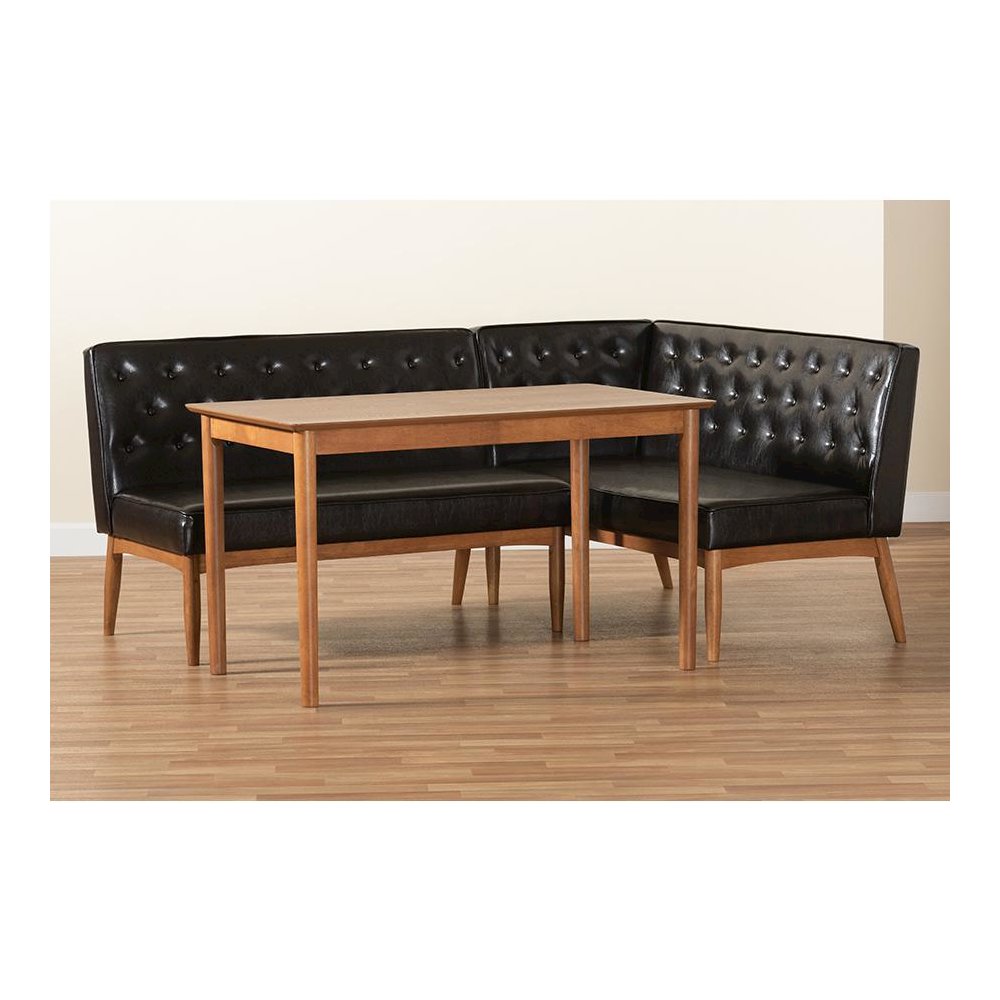Leather Upholstered and Walnut Brown Finished Wood 3-Piece Dining Nook Set