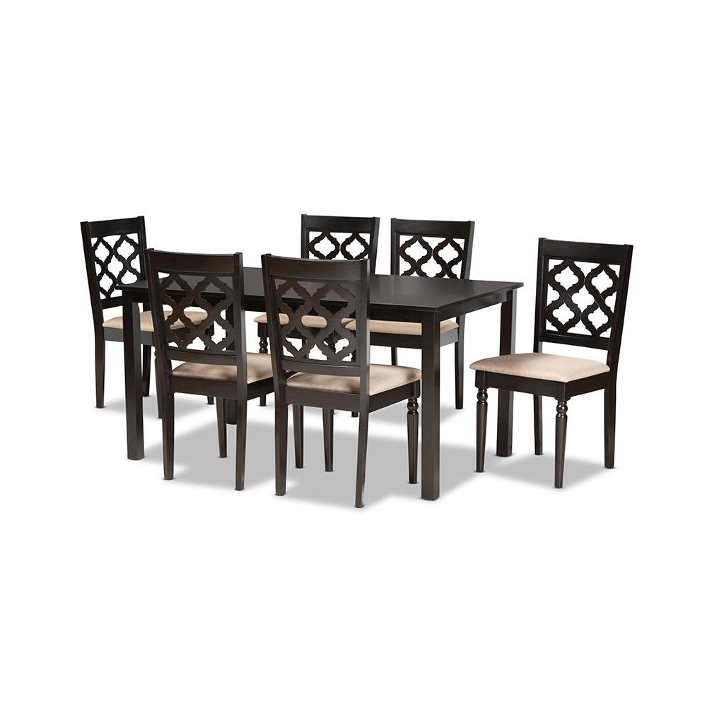 Sand Fabric Upholstered and Dark Brown Finished Wood 7-Piece Dining Set
