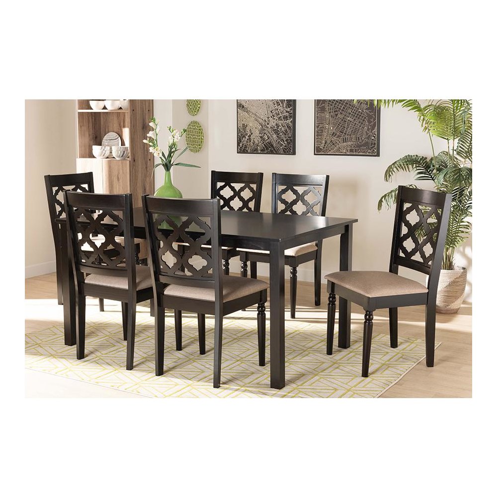 Sand Fabric Upholstered and Dark Brown Finished Wood 7-Piece Dining Set