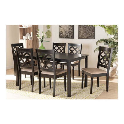 Sand Fabric Upholstered and Dark Brown Finished Wood 7-Piece Dining Set