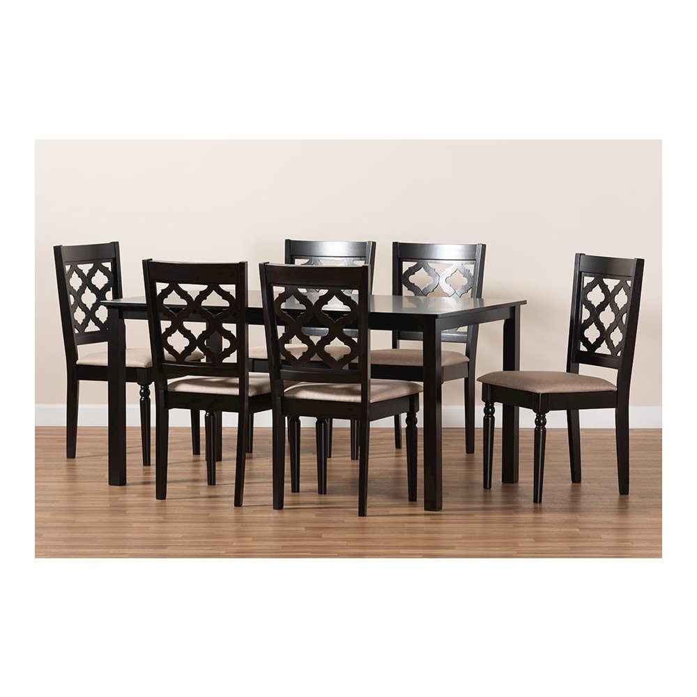 Sand Fabric Upholstered and Dark Brown Finished Wood 7-Piece Dining Set