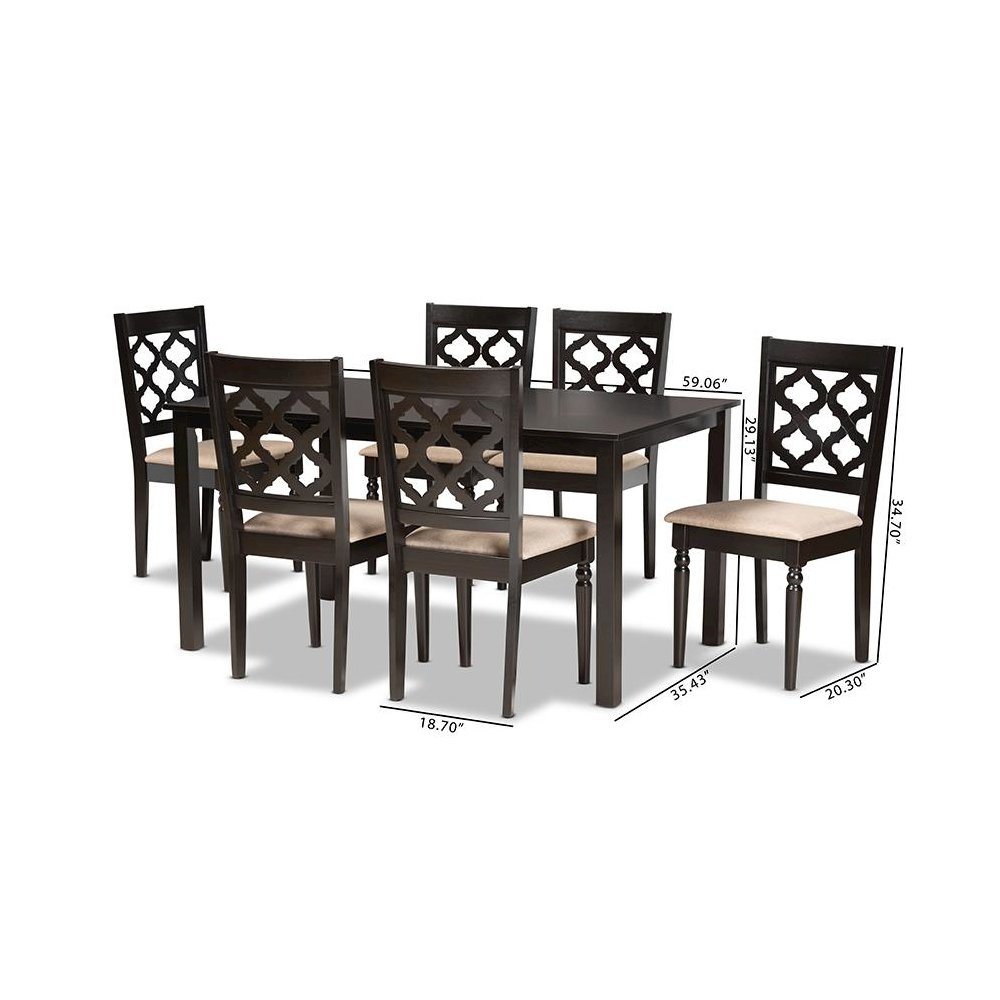 Sand Fabric Upholstered and Dark Brown Finished Wood 7-Piece Dining Set