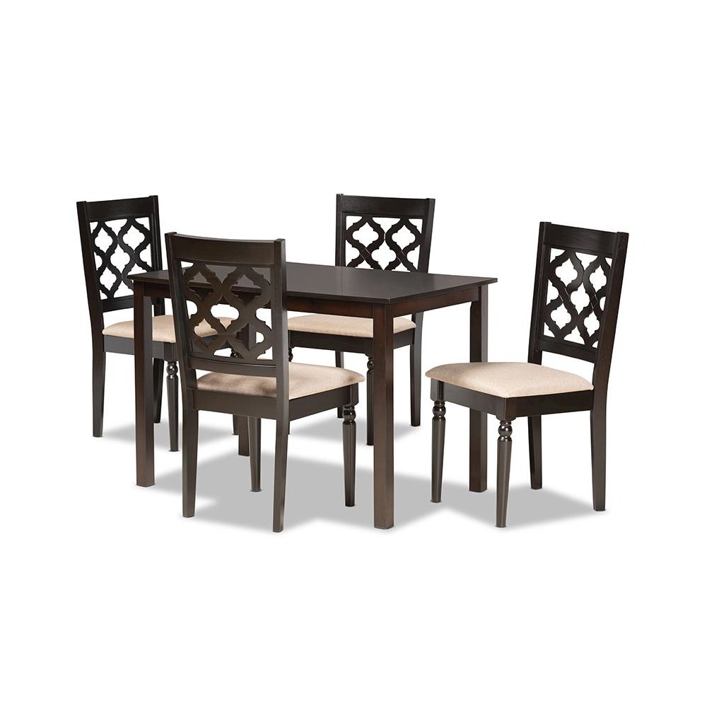 Sand Fabric Upholstered and Dark Brown Finished Wood 5-Piece Dining Set