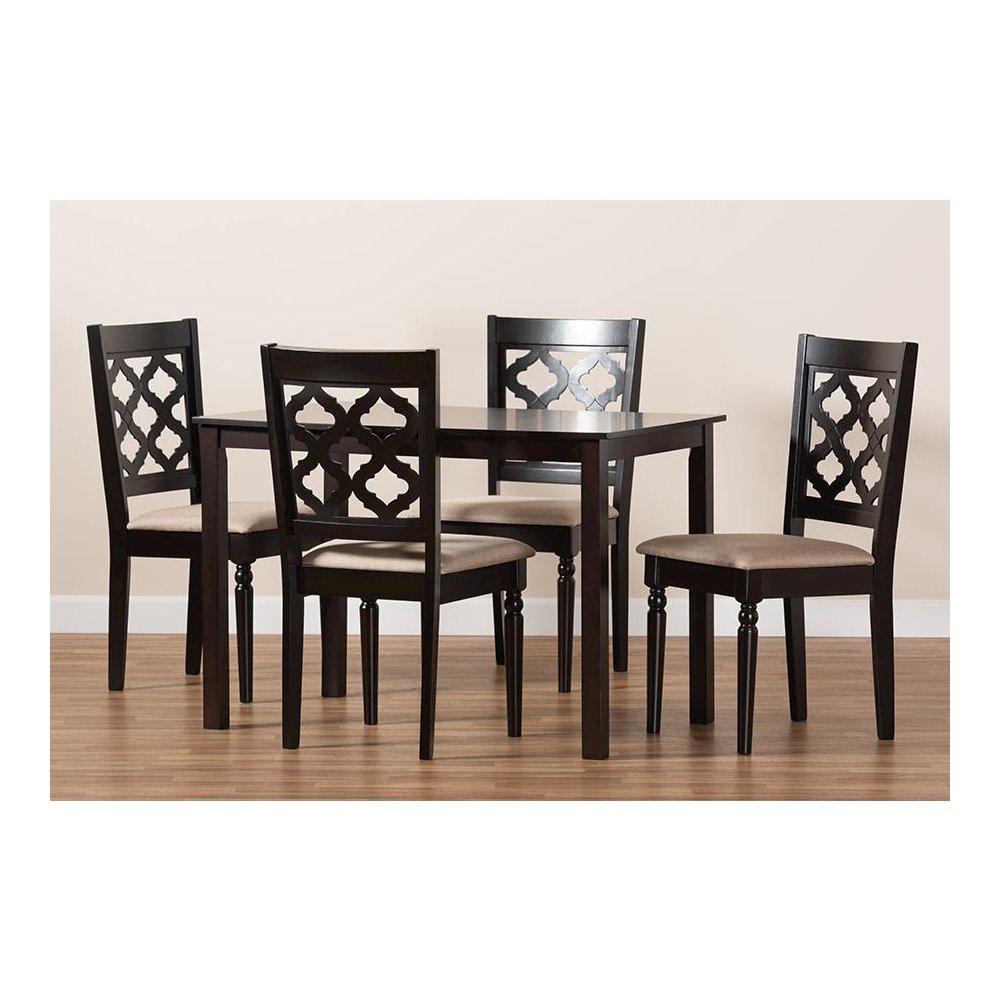 Sand Fabric Upholstered and Dark Brown Finished Wood 5-Piece Dining Set