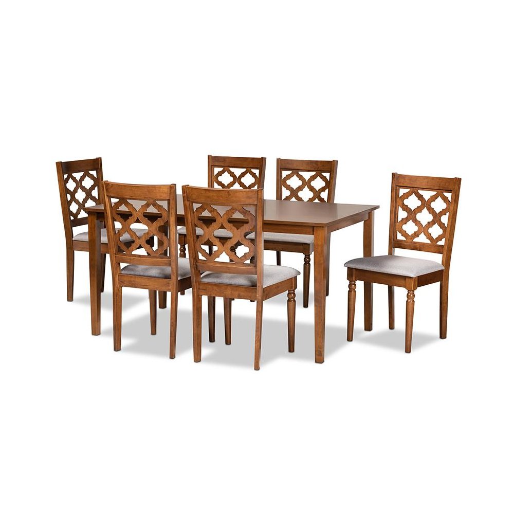 Grey Fabric Upholstered and Walnut Brown Finished Wood 7-Piece Dining Set