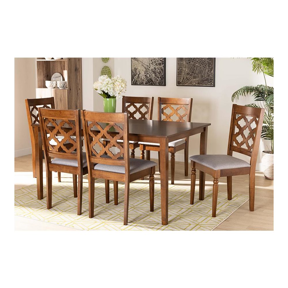Grey Fabric Upholstered and Walnut Brown Finished Wood 7-Piece Dining Set