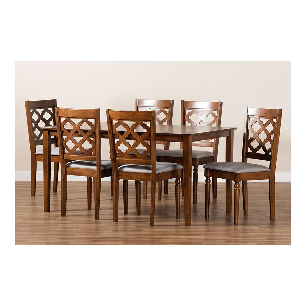 Grey Fabric Upholstered and Walnut Brown Finished Wood 7-Piece Dining Set