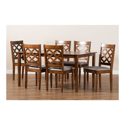 Grey Fabric Upholstered and Walnut Brown Finished Wood 7-Piece Dining Set