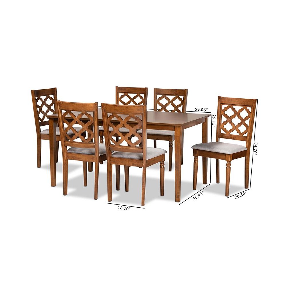 Grey Fabric Upholstered and Walnut Brown Finished Wood 7-Piece Dining Set