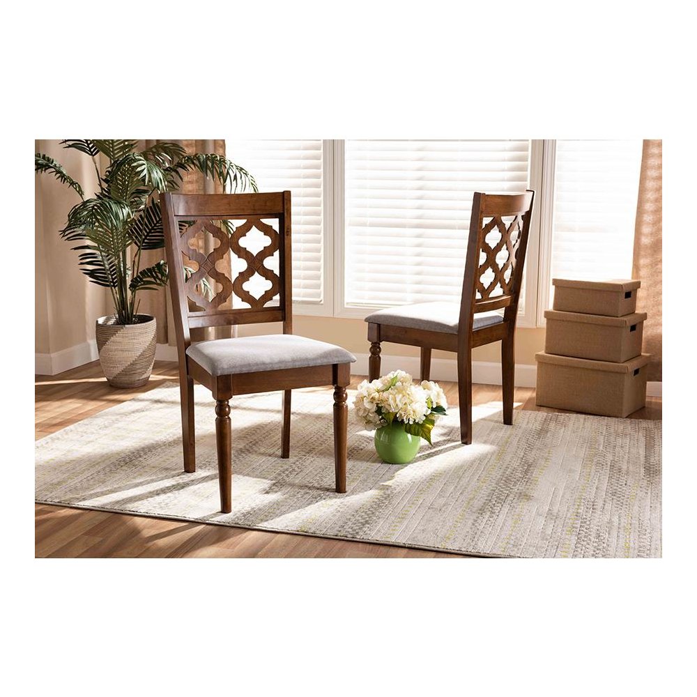 Grey Fabric Upholstered and Walnut Brown Finished Wood 2-Piece Dining Chair Set