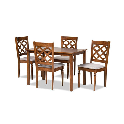 Grey Fabric Upholstered and Walnut Brown Finished Wood 5-Piece Dining Set