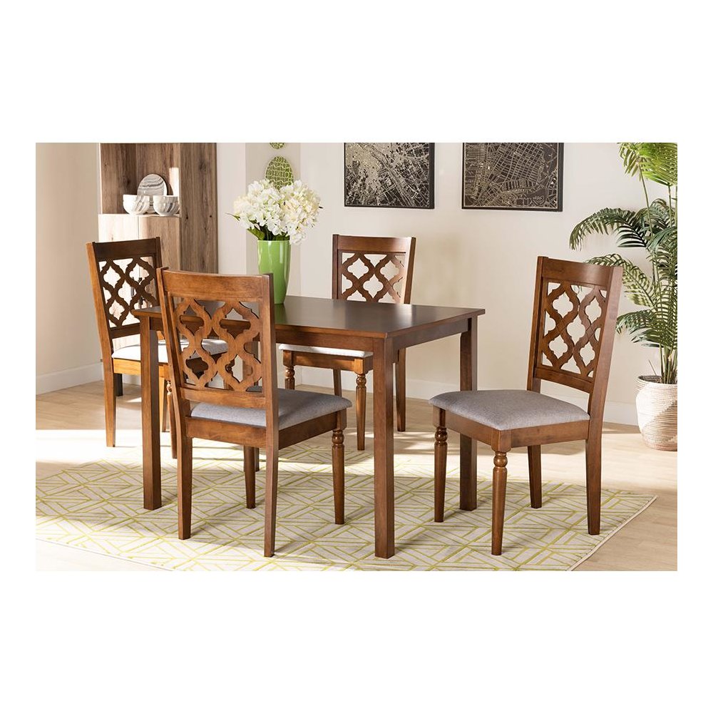 Grey Fabric Upholstered and Walnut Brown Finished Wood 5-Piece Dining Set