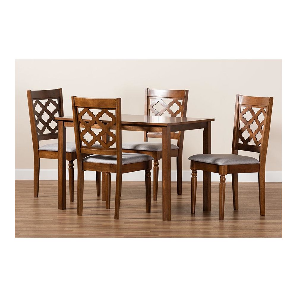 Grey Fabric Upholstered and Walnut Brown Finished Wood 5-Piece Dining Set