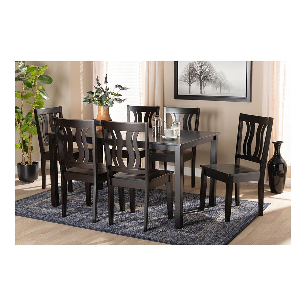 Transitional Dark Brown Finished Wood 7-Piece Dining Set