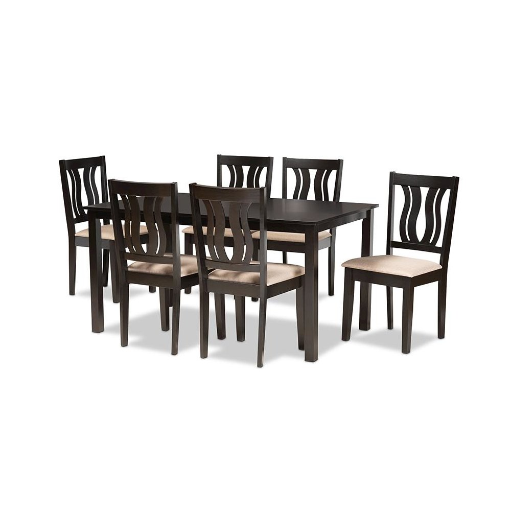 Sand Fabric Upholstered and Dark Brown Finished Wood 7-Piece Dining Set