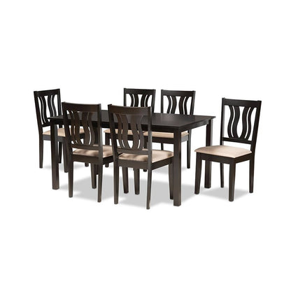 Sand Fabric Upholstered and Dark Brown Finished Wood 7-Piece Dining Set