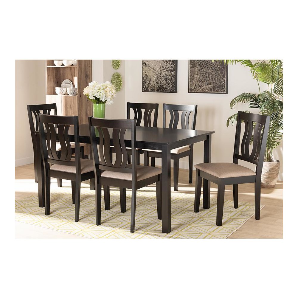Sand Fabric Upholstered and Dark Brown Finished Wood 7-Piece Dining Set